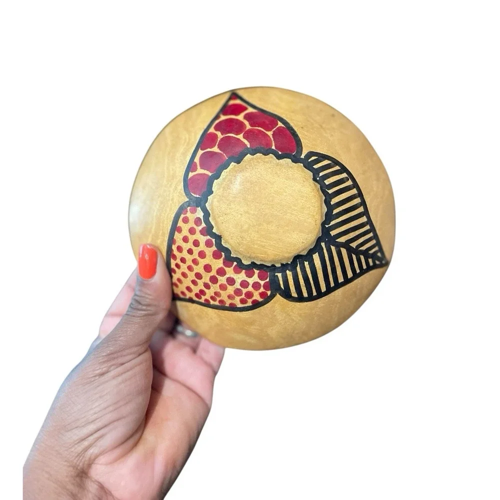 Vintage Wood Moroccan Bowl Hand Carved Red Black Painted Geometric Pattern